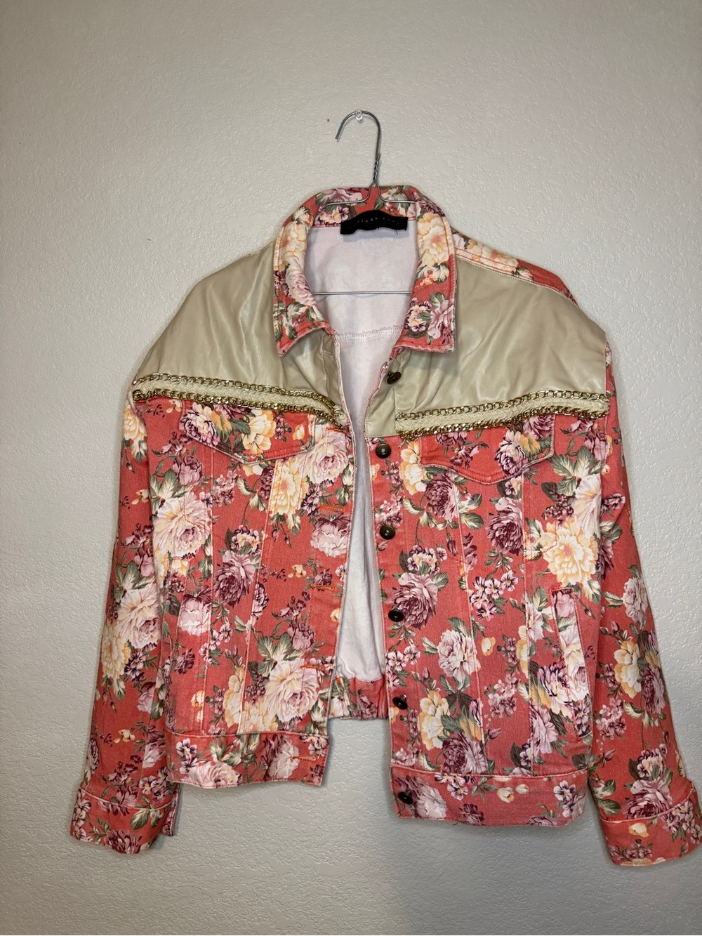 Endless Rose Coral Floral Jean Jacket with Cream Yoke